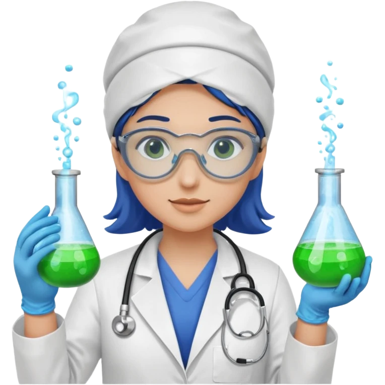 A person wearing safety goggles, a stethoscope, and a white coat. They are wearing blue protective gloves. In their hand, they are holding a test tube containing chemicals. emoji