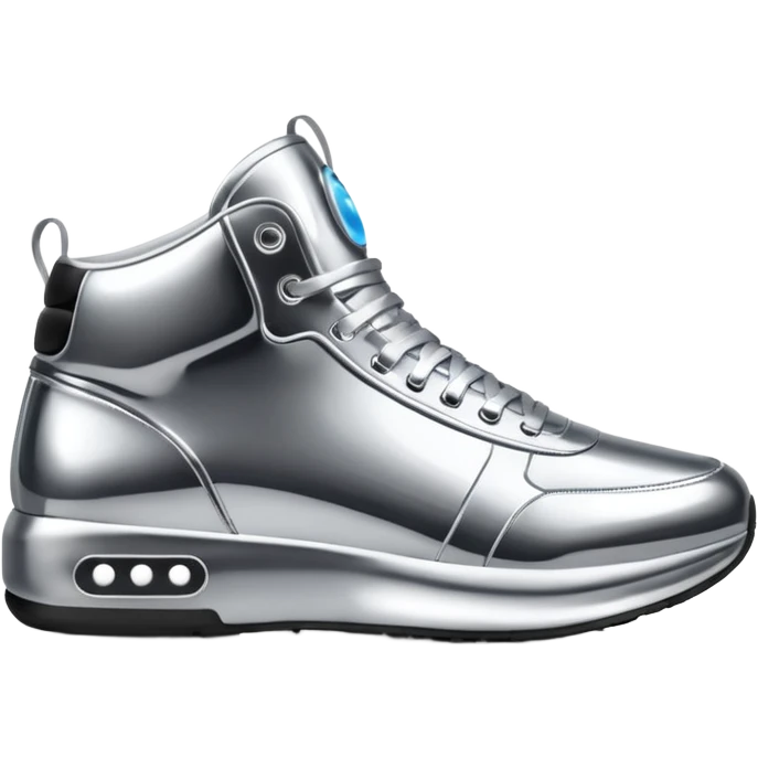 A pair of futuristic sneakers emoji made of silver chrome, sleek streetwear design, smooth metallic panels, subtle reflections, luxury swag aesthetic, iOS emoji style, centered, clean white background emoji