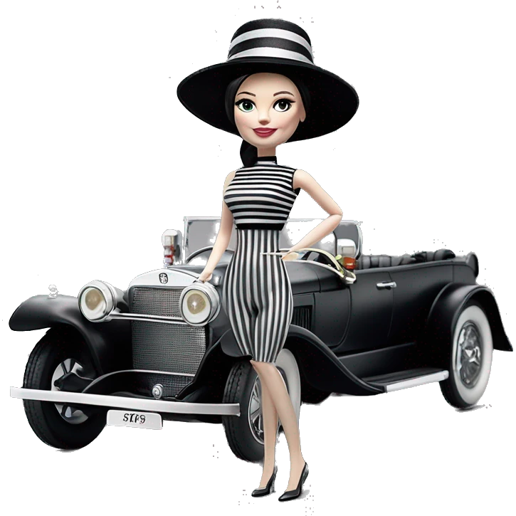 Kentucky Derby Barbie, 1910 Wednesday Addams from academy, in dark-gray and black striped outfit with hat. Smiling Driving Mercedes convertible sports car. Pale-white porcelain skin.  emoji