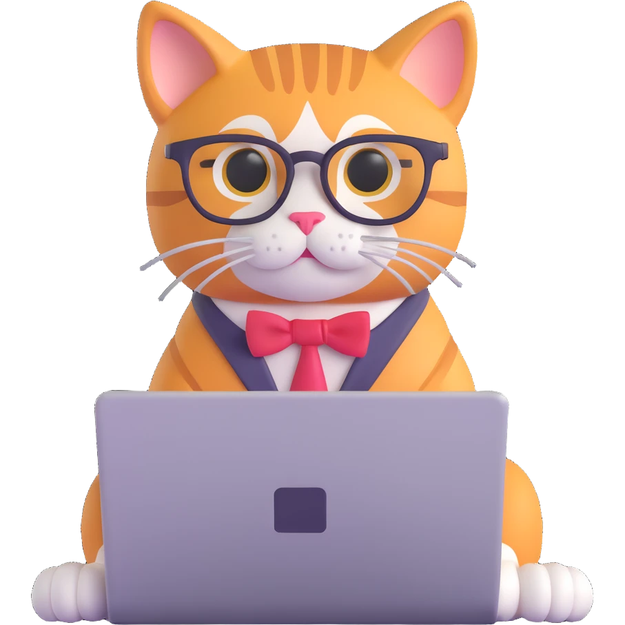 friendly cat with laptop, nerdy style emoji