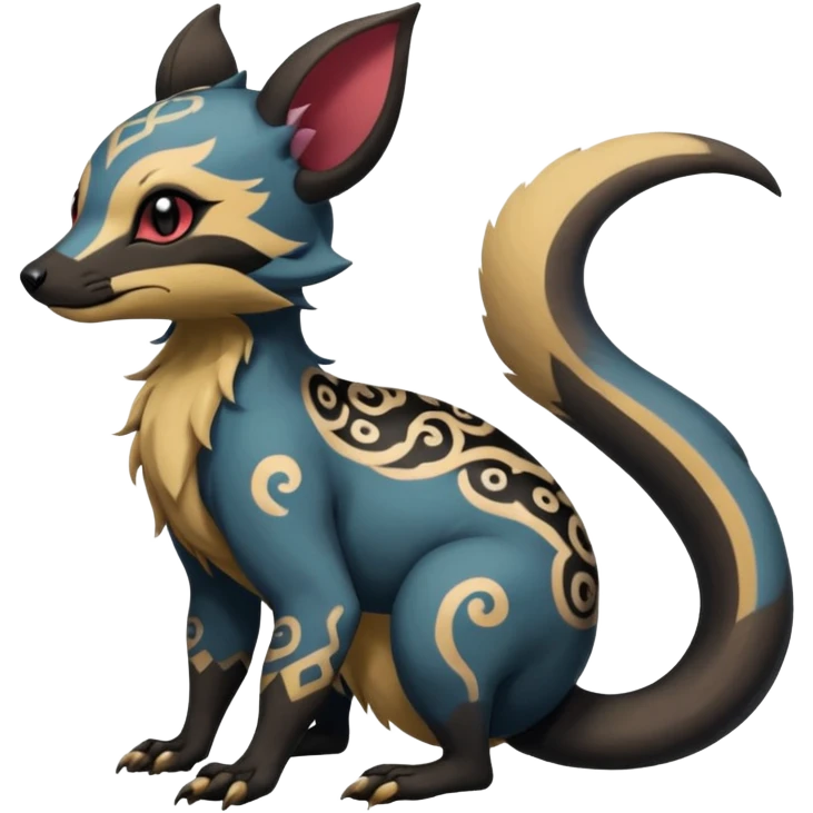 Rare warm-colored exotic cute epic aesthetic gothic colorful Salandit-Eevee-Civet-species-Fakemon-hybrid-creature, with intricate tattoo markings, full body emoji