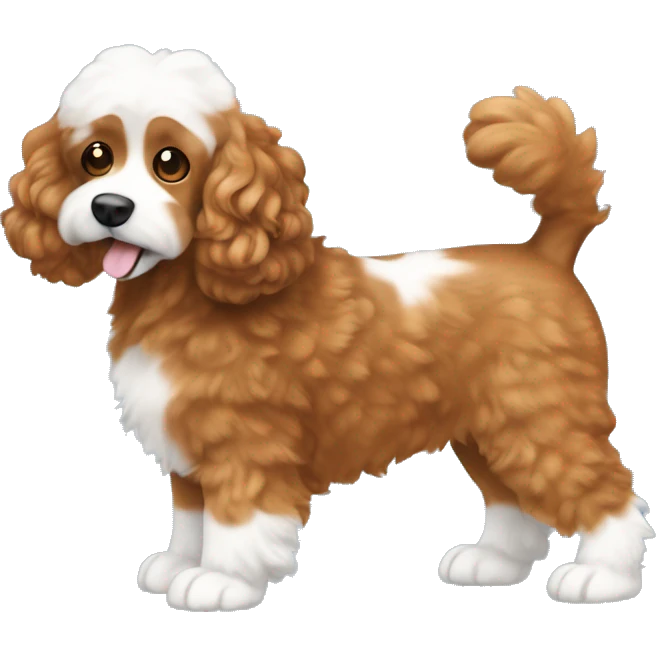 brownish orange cockapoo dog with white feet and fluffy tail with white tip emoji