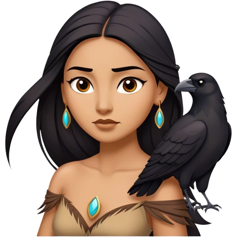 Cinematic Stunning Pocahontas Portrait Emoji, Windswept raven hair flowing behind her, deep brown eyes filled with wisdom and strength, glowing sun-kissed skin, wearing her elegant tan dress, the spirit of the wild in her expression, breathtakingly majestic! emoji