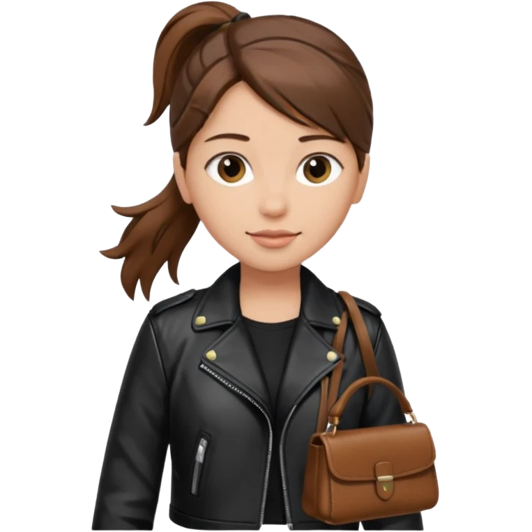 A girl with a pony tail brown hair and white ish skin with a black jacket and a brown purse  emoji