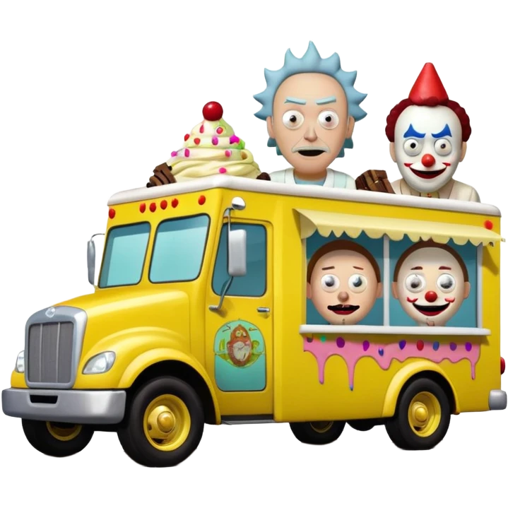 Rick and Morty Crazy killer Clown’s Jenkins 4wd monster 1924 freight liner racing ice cream with chocolate, nuts and sprinkles dream house food truck  emoji