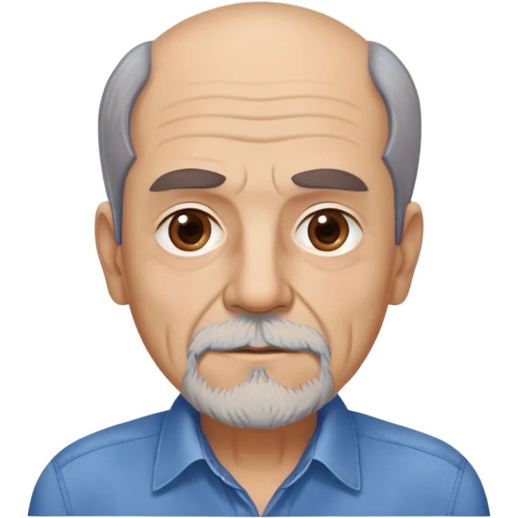 Older slim Hispanic man in his 60s with light skin. Thinner face with pronounced features. Expressive brown eyes, thick eyebrows showing age. Short brown hair with significant receding hairline. Scraggly brown beard with gray patches. Wearing a blue button-up shirt on his lean frame. emoji