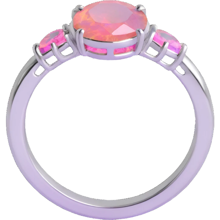 round cut pink fire opal, silver setting, silver jump ring, holographic and pastel accents, playful emoji