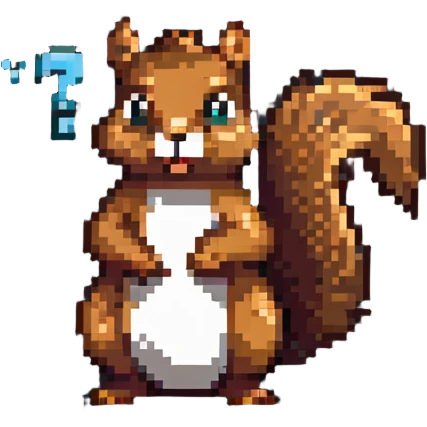 Pixel art squirrel with confused expression and question marks emoji