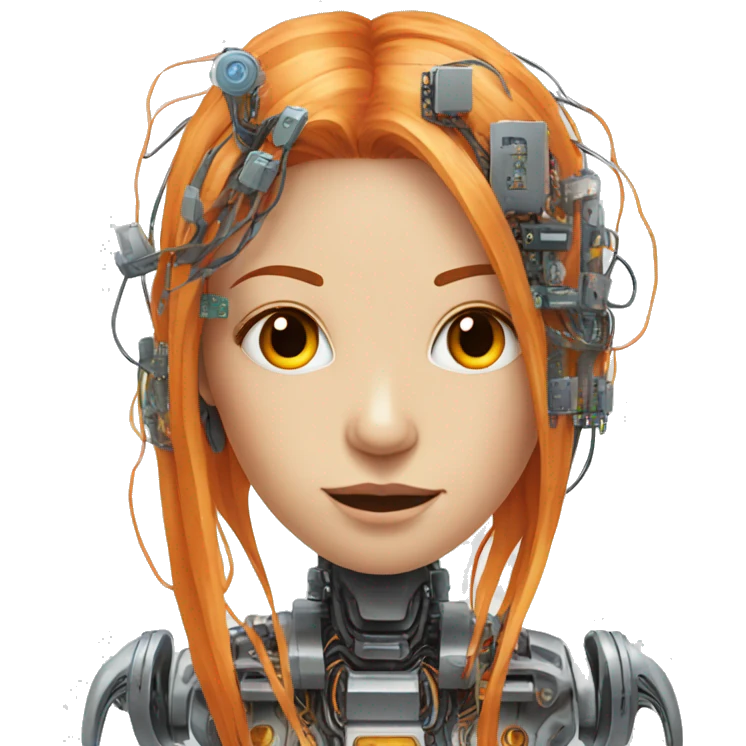 Head of female robot with long orange hair and circuits emoji