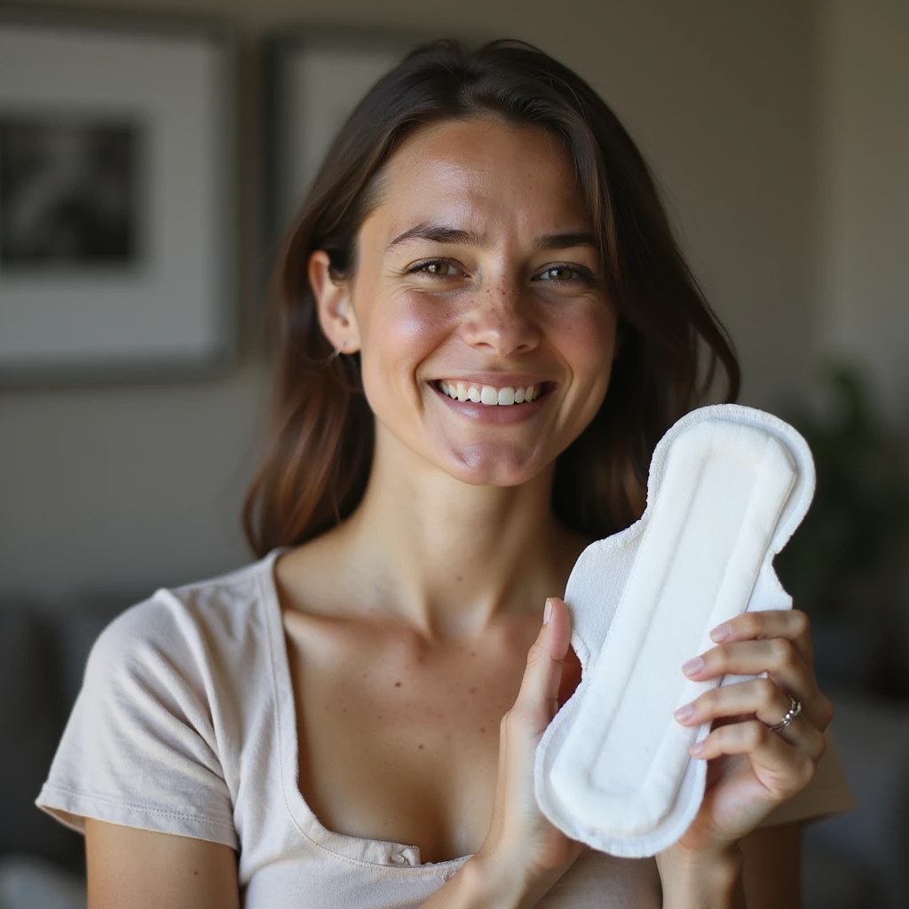 young woman with PCOS, face with mild acne and fine hair, holding a new sanitary pad and smiling with relief, realistic home environment, vertical 9:16, hyperrealistic 4K details emoji