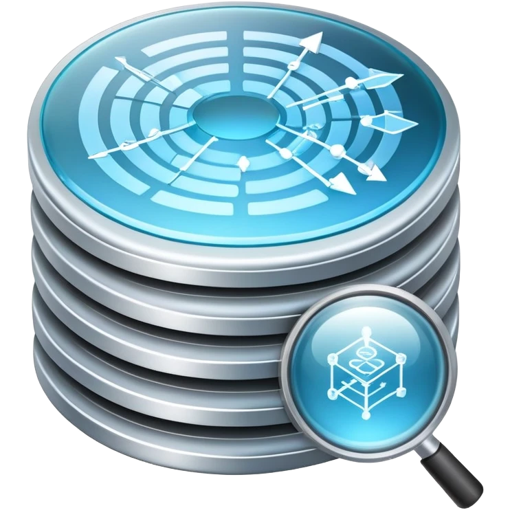 An icon featuring stacked server disks, a digital network grid, and binary code, symbolizing databases. The design includes data flow arrows and a magnifying glass, representing storage, organization, and retrieval of information. Transparent background highlights data-driven technologies. emoji