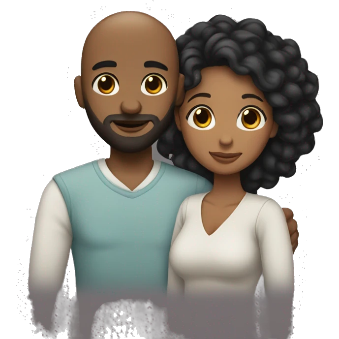 Cuddling Couple short bald black man with beard and woman with long curly black hair emoji