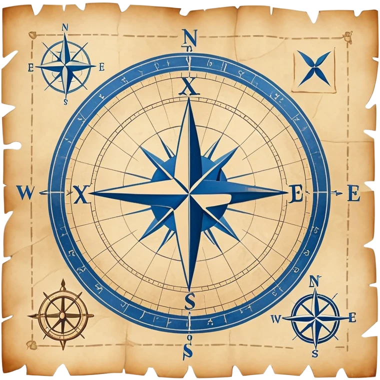 blue blueprint with white lines and treasure map elements including X mark, dotted path, compass rose emoji