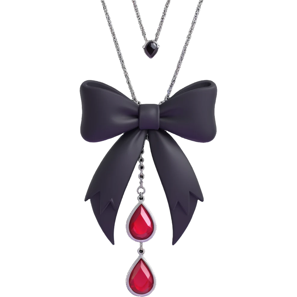 3D emoji gothic bow, midnight black leather, silver chain fringe, and a single blood red teardrop gem emoji