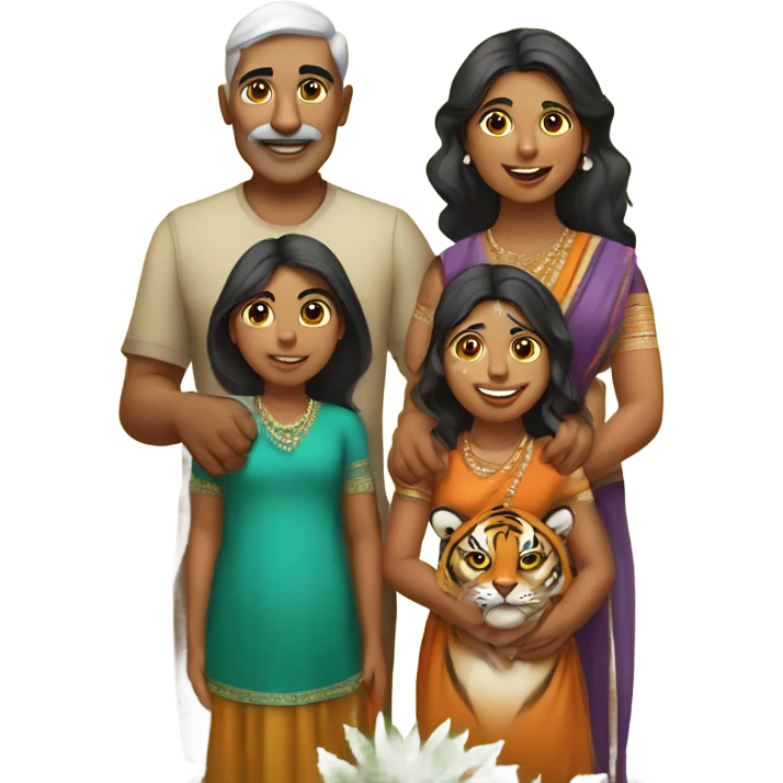 Indian uncle and Indian aunty with their two daughters and tiger cub emoji