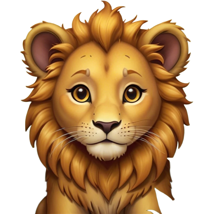 Cinematic Cute Lion Cub Portrait Emoji, Head tilted playfully and inquisitively, featuring a glossy tawny Fur with a lush mane and round, sparkling amber eyes filled with curious mischief, Simplified yet irresistibly adorable features, highly detailed, glowing with a warm, friendly glow, high shine, affectionate and spirited, stylized with a touch of jungle whimsy, bright and endearing, soft glowing outline, capturing the essence of a mischievous yet loving Lion Cub, so playful it feels like it could pounce out of the screen and into your arms! emoji