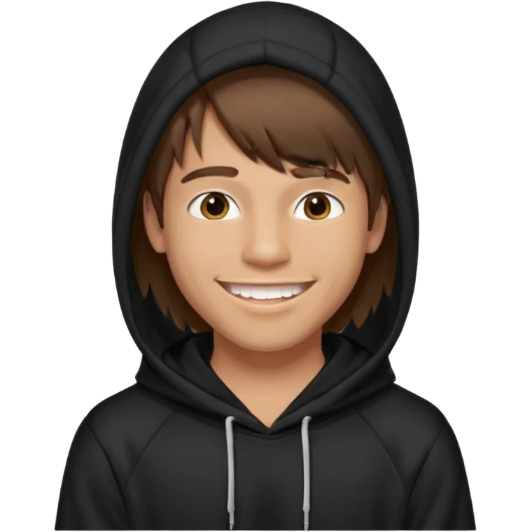 20 yr old man, brown hair, straight, big smile, white teeth, tanned skin, bangs, black hooded sweatshirt, long hair in back, center-parted bangs emoji
