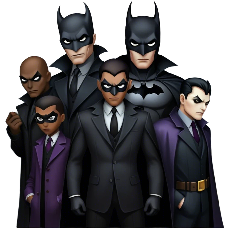 Icon for Thriller Movies: A large, dramatic collage featuring sinister villains in dark clothing. The background shows the gloomy cityscape of Gotham, with dim lighting and eerie shadows. The atmosphere should be tense, mysterious, and suspenseful. Transparent background. emoji