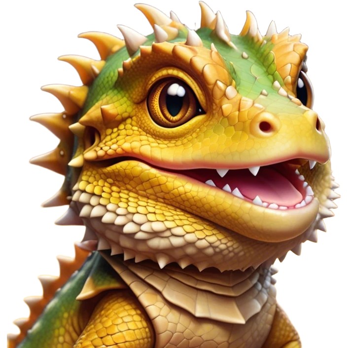 Cinematic Cute Bearded Dragon Portrait Emoji, Head tilted playfully and inquisitively, featuring a glossy, scaled hide in warm olive hues with an adorably scrunched spiky beard and round, sparkling eyes full of curious mischief, Simplified yet irresistibly adorable features, highly detailed, glowing with a warm, friendly glow, high shine, affectionate and lively, stylized with a touch of rugged whimsy, bright and endearing, soft glowing outline, capturing the essence of a mischievous yet loving dragon, so playful it feels like it could scamper out of the screen into your arms! emoji