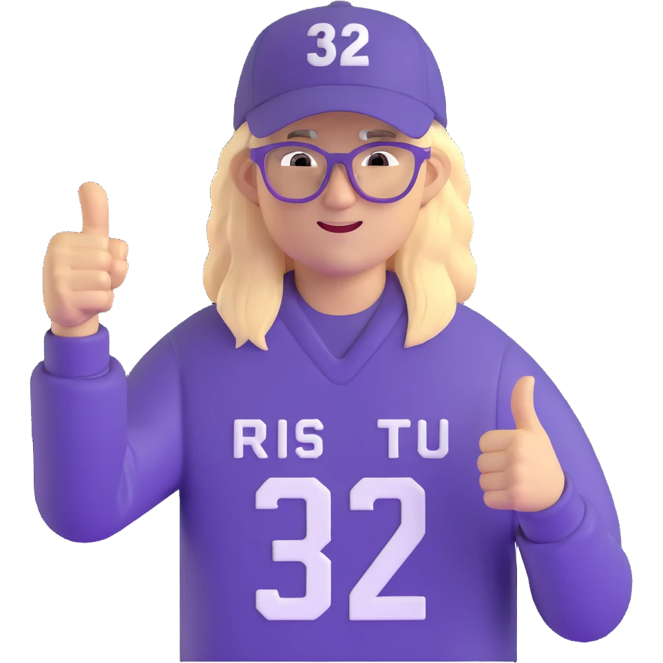 Man with black and white cap, purple sports jersey with number 32, clear glasses, messy light blond mullet hairstyle, thumbs up, content expression emoji