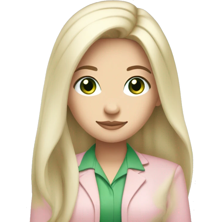 A pretty white girl with very long black hair and green eyes working in a light pink work attire emoji