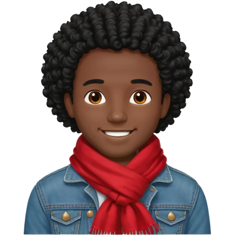 black skin man, curly black hair wear big red scraft, jean jacket emoji