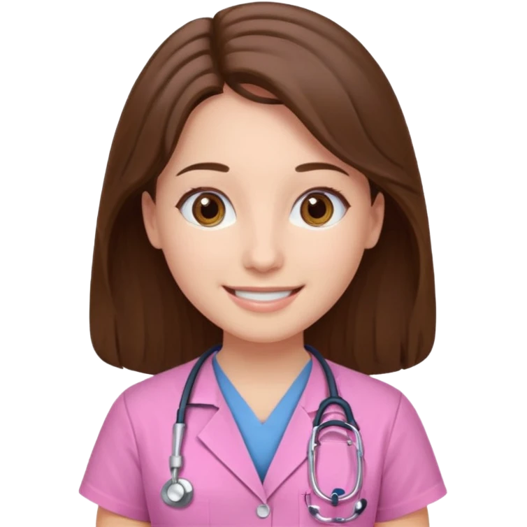 doctor, pink, she, hair brown, eyes brown, scrub baby pink, white skin, long hair, smile  emoji