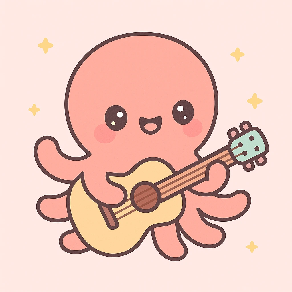happy octopus with multiple arms playing guitar emoji