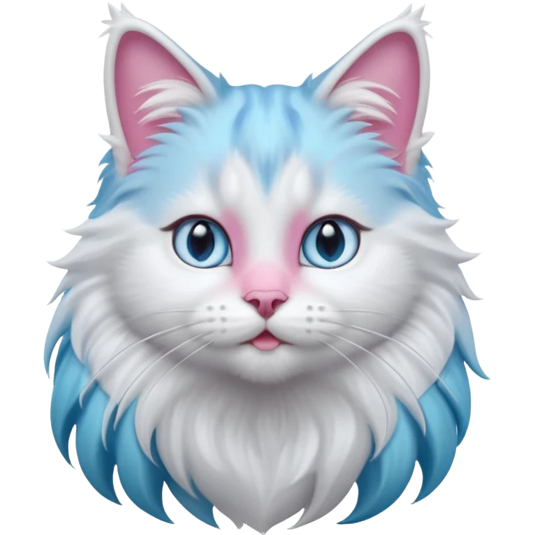 A cute fluffy long-haired cat face emoji, grey and white bicolor fur, thick white mane around the neck, stunning icy blue eyes, pink nose, long whiskers, looking up slightly, soft lighting, 3D Apple style emoji, high detail. emoji