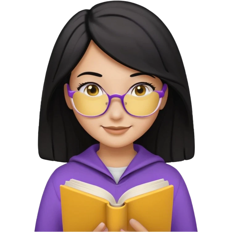 검정머리에 책읽고있는 여자. 해줘. 그리고 그 책으로 얼굴 반은 가린듯한 머리는 약간 파마 앞머리 없고 그리고 너무 무섭게 말고 책 읽는다고 얼굴 반은 가린듯한 책은 흰색에 보라색 노란색 섞여있고. 약간 미소 옷은 흰색. 아이폰 이모티콘 형태로 부탁 emoji