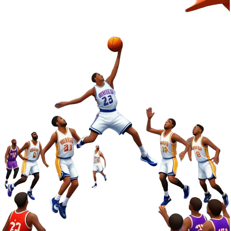 An icon showing a basketball court with players in action, inspired by NBA 2K25. A player jumps for a dunk, the ball mid-air, surrounded by a vibrant basketball arena with cheering fans and bright lights. Transparent background emphasizes the intense atmosphere emoji