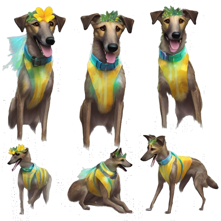  brindle brown black maroon striped lurcher Alsatian fox running blue eyes and iridescent holographic oilslick harness wearing paper iridescent tropical flower crown yellow caution tape emoji