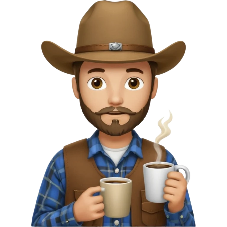 generate an ios genmoji of a 20 year old tan boy with a cowboy hat and mutton chop beard. Wearing a flannel and carrying a coffee mug emoji
