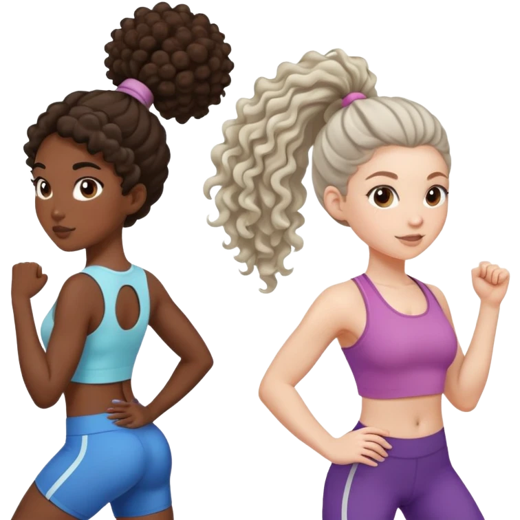 three women friends exercising together, one black woman with curly brown hair, one pale white woman with curly brown hair, and one pale white woman with straight brown hair in a ponytail emoji