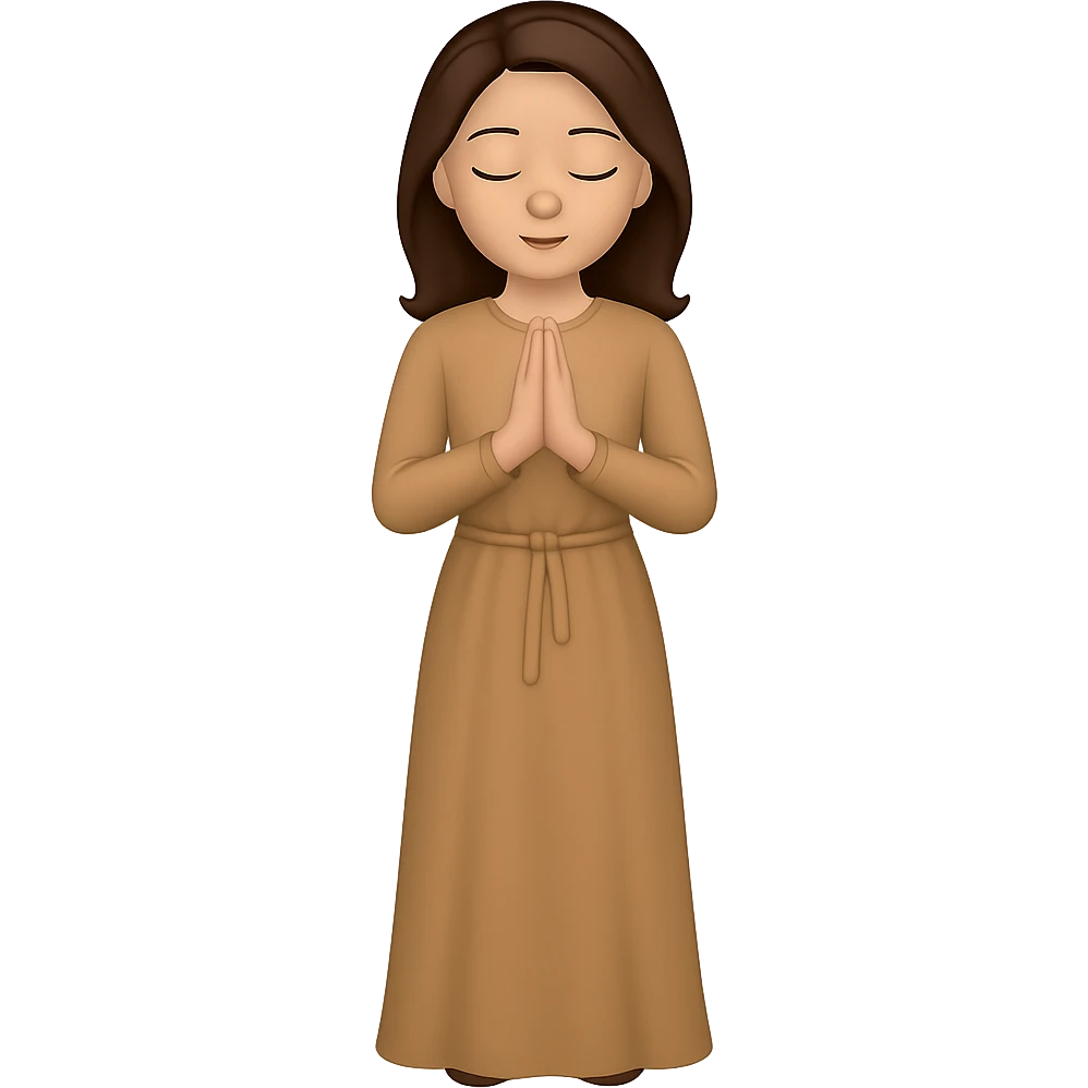 Create another variation of a woman standing and praying from the front view, wearing a long tan dress, with dark brown hair, matching the body figure of the reference image. The style should emulate emoji style. Remove the background. emoji