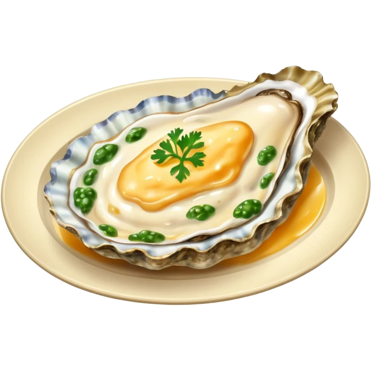 steaming oyster on a platter covered with melted cheese emoji