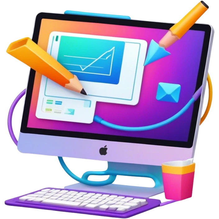 a vibrant and modern icon representing Animation and Motion Design, featuring elements like a computer screen and stilus, dynamic motion lines, and visuals of the process of creating animated films and GIF animations. The design colorful, and dynamic, without any emojis. The background transparent emoji