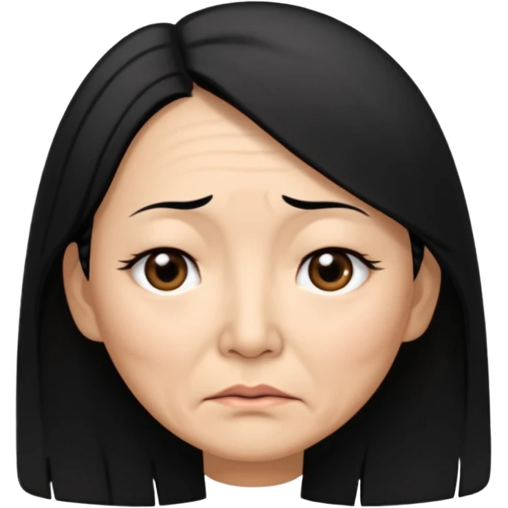 50 yr old asian woman, straight thick long black hair, big black, side part, tired emoji