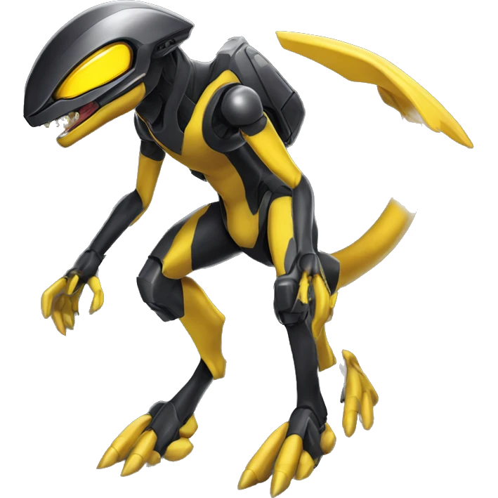 a shiny black-yellow Genesect-Raptor-Fakémon—hybrid with a futuristic visor-helmet full body emoji