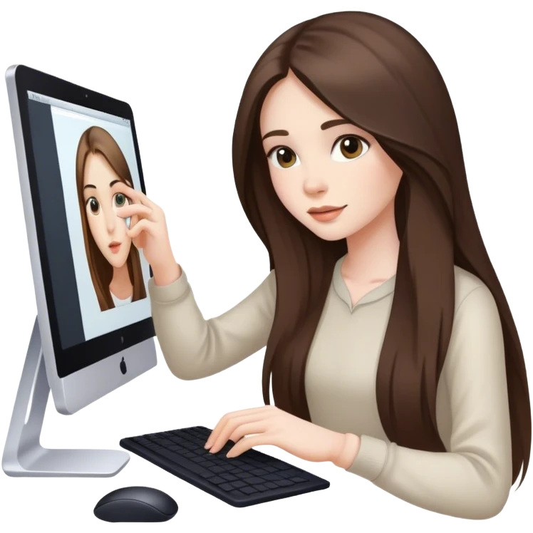 beautiful pale brunette girl with long hair editing photos on her computer  emoji