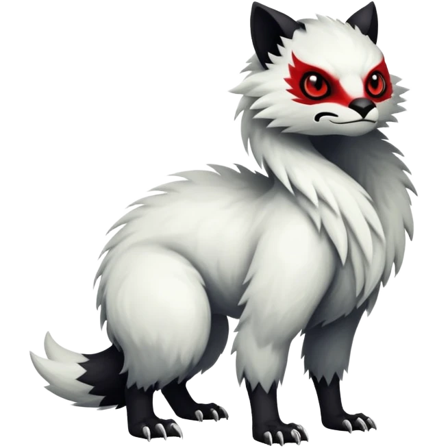a white exotic edgy vernid-fionbr-Fakémon-creature, with black belly and red eyes, full body emoji