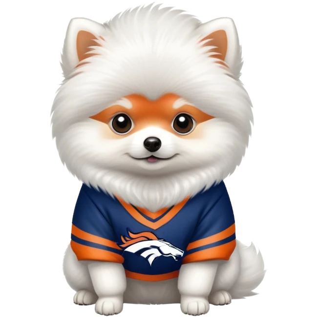 Tiny white Pomeranian wearing a Denver Broncos sweater emoji