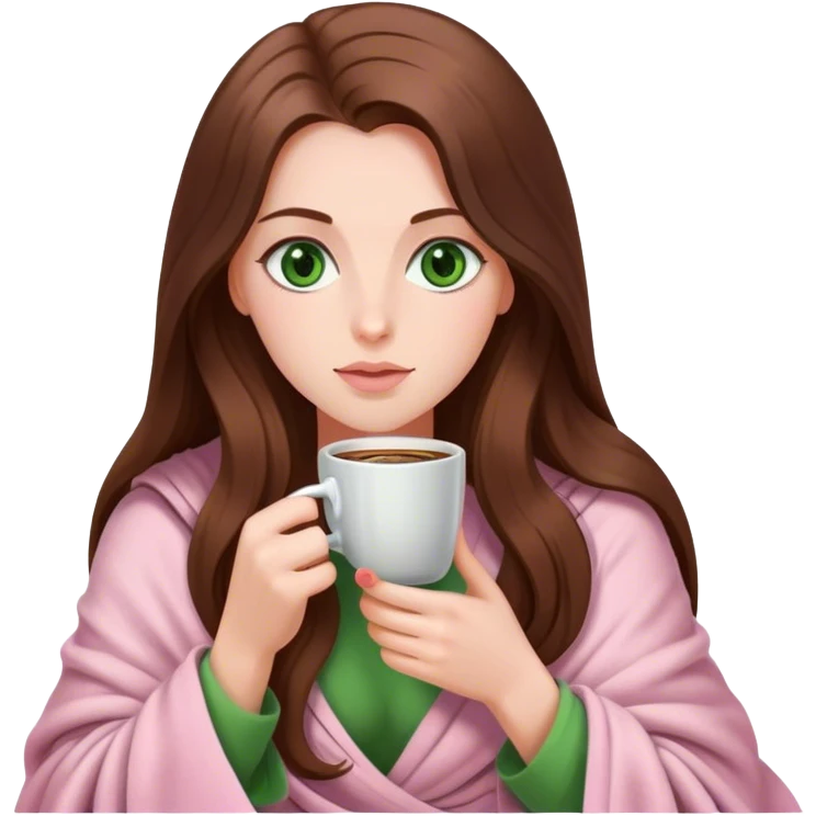 woman with very long brown hair and green eyes in a light pink blanket sipping coffee emoji