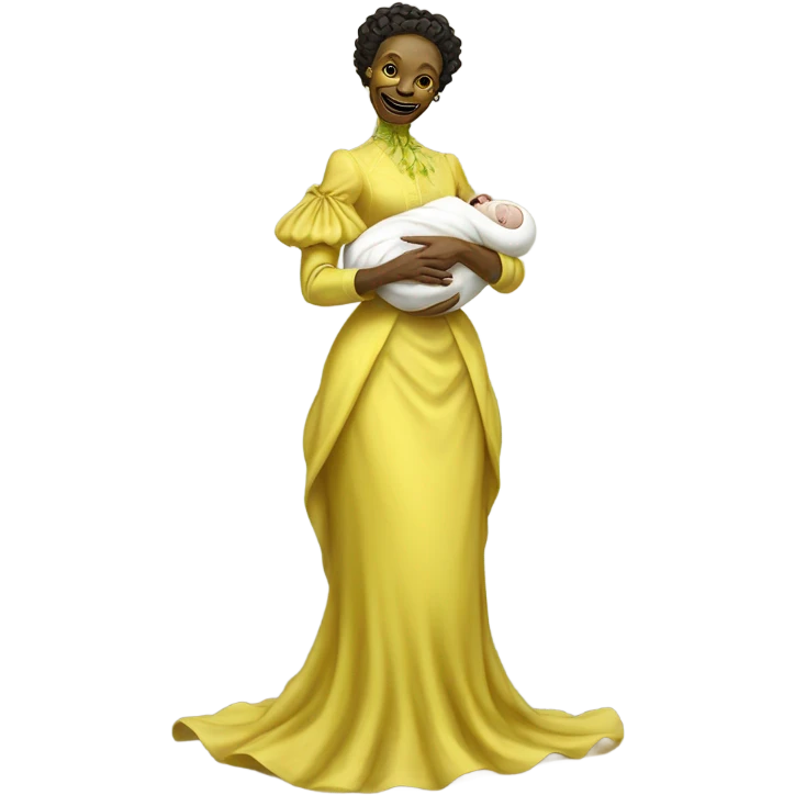  Reptilian alien woman , full body, in victorian jellow elegant dress smiling, holds a newborn white humman baby emoji