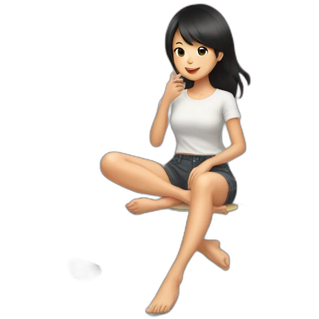 Black haired Asian girl sitting with legs crossed in mirror selfie emoji