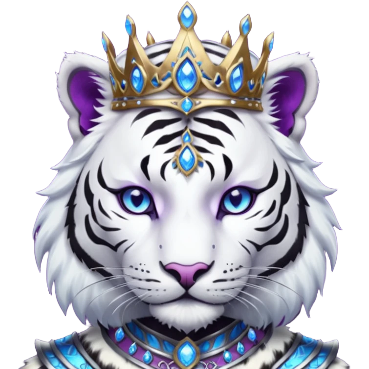ESO Female white/black tiger khajiit leader of the umbral rose, glowing blue eyes, glowing blue 'third eye' gem; purple gemmed silver crown/tiara emoji