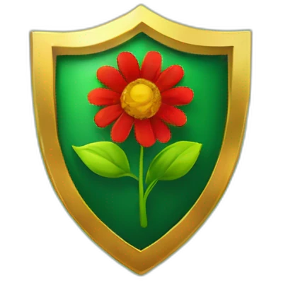 green shield with a gold border and a sprouting gold and red flower at the centre emoji