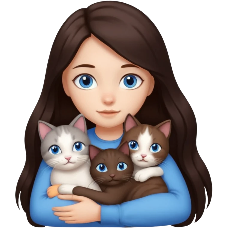 a girl with long dark 
brown hair, with blue eyes, hugs 3 different natural coloured cats emoji