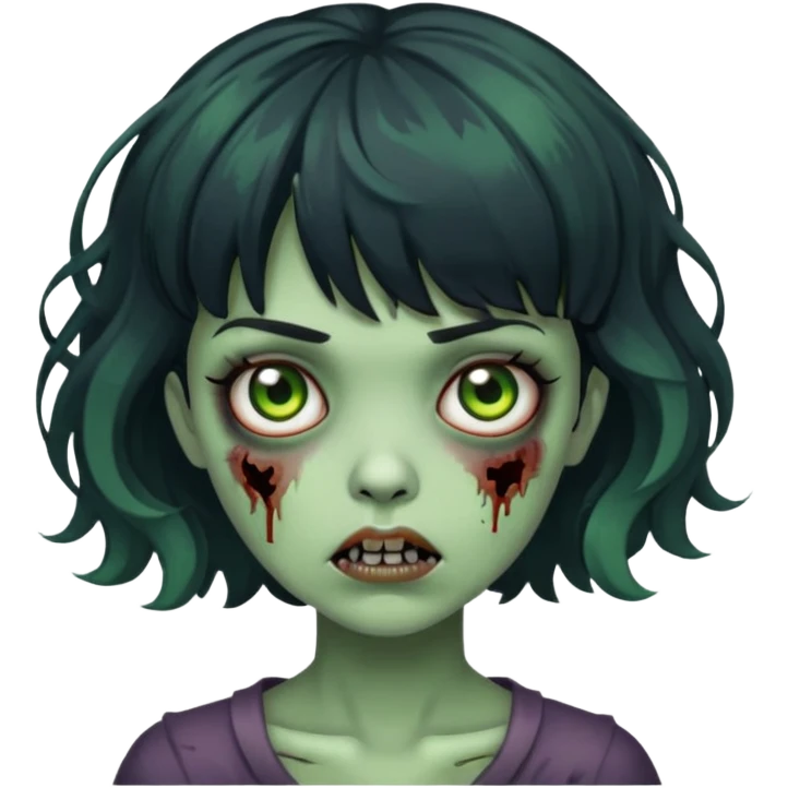 zombie girl with short wavy hair and black bangs, greenish skin emoji