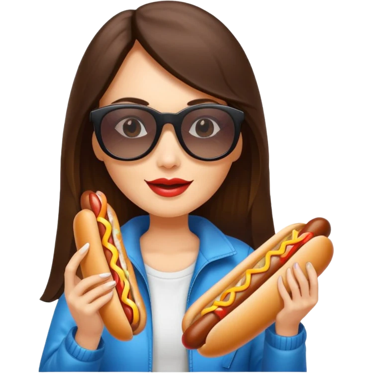 tourist brunette long hair woman with sunglasses holding hot dog emoji